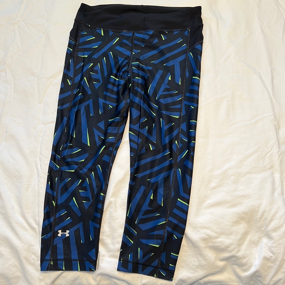Under Armor Capri Blue, Black & Lime Green Geometric Yoga Pants